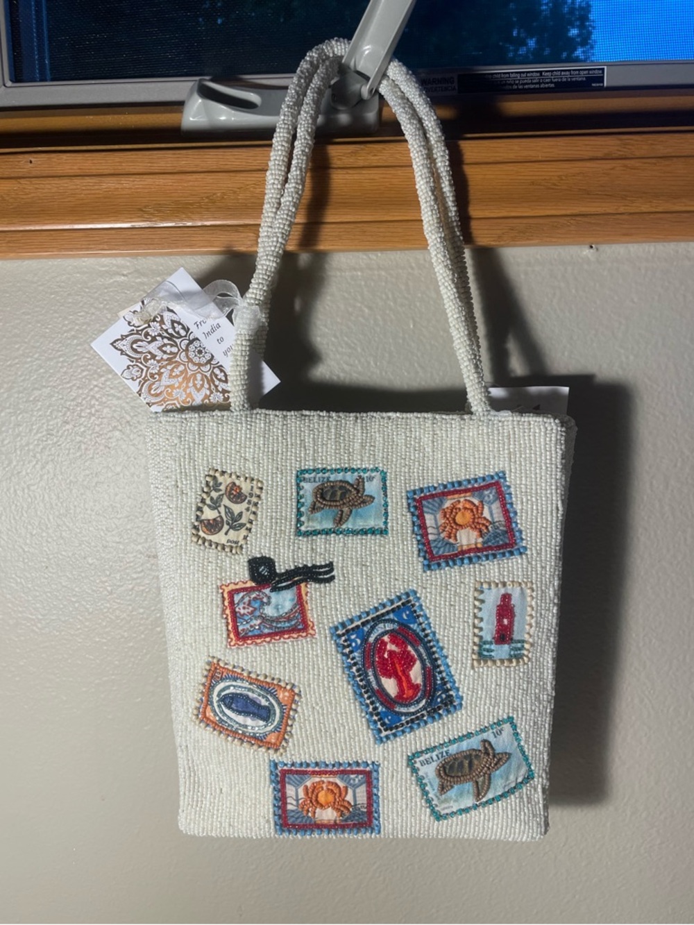 NWT White Viral Beaded Sea life Postage Stamp Lobster Tote Bag Made In India